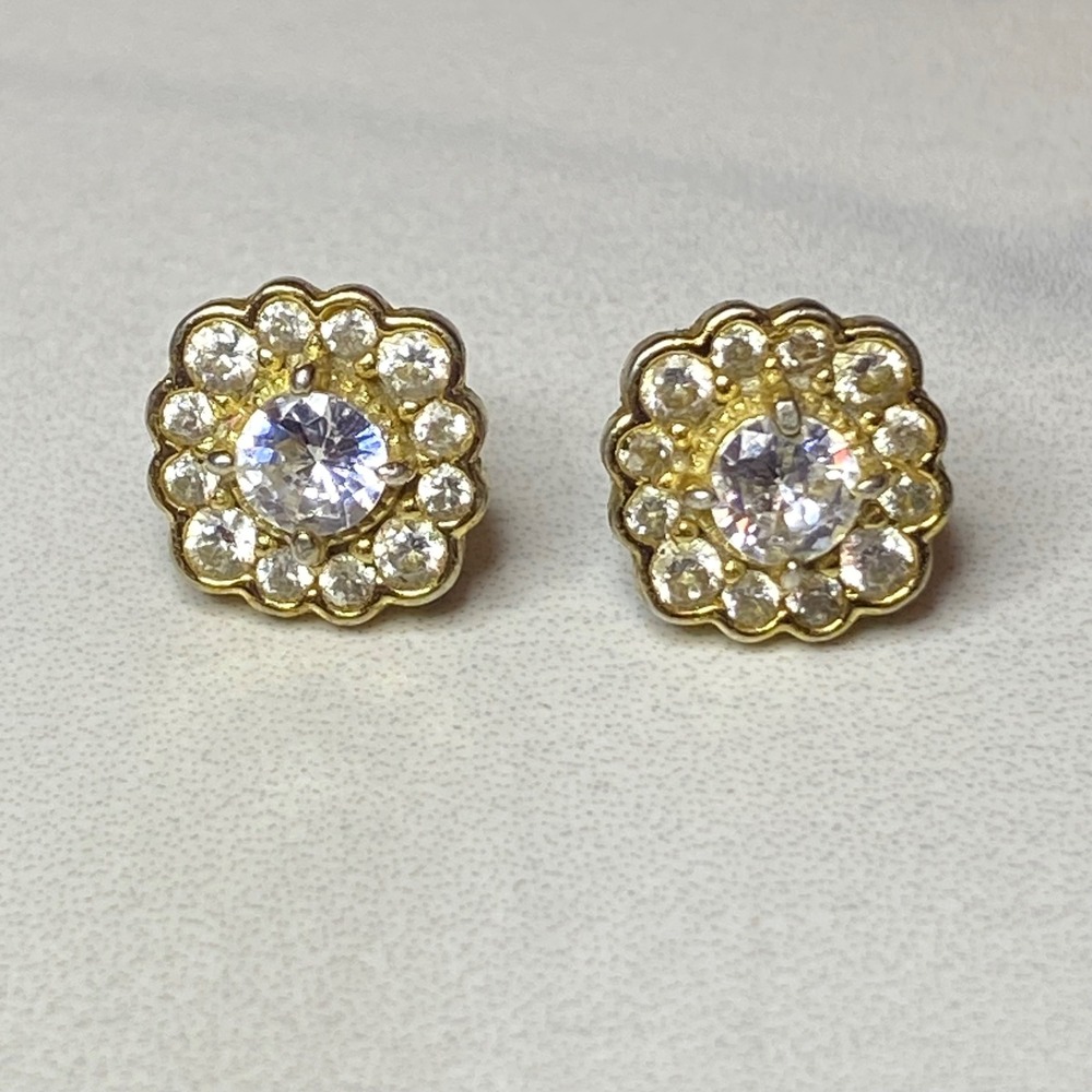 Vintage 925 Sterling‎ Silver Gold Plated CZ Flower Stud Earrings